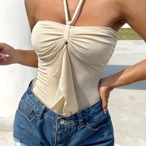 SHEIN ICON HEART RING DETAIL RUCHED SIDE TIE BACKLESS HALTER TOP